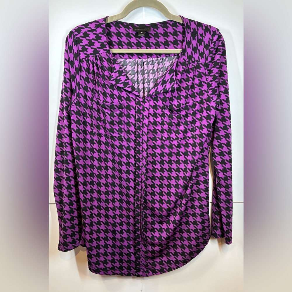 Worthington Women's Purple/Black Houndstooth Long Sleeve Dress Shirt Size Medium